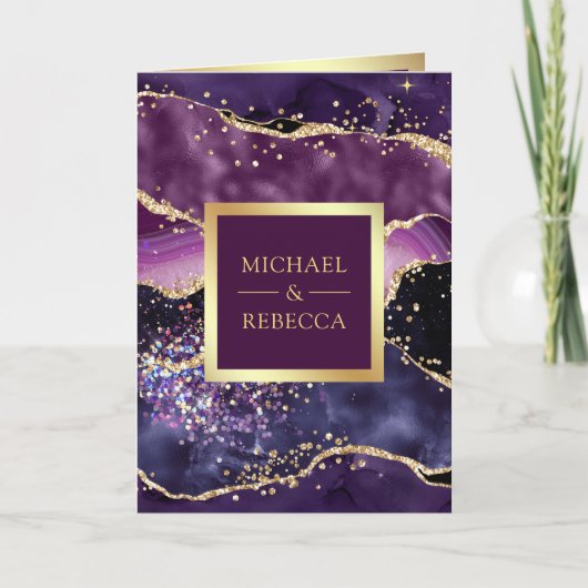 Plum Purple Gold Agate Marble QR Code Wedding 招待状 (正面)