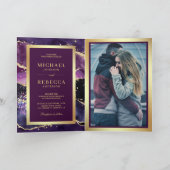 Plum Purple Gold Agate Marble QR Code Wedding 招待状 (内部)