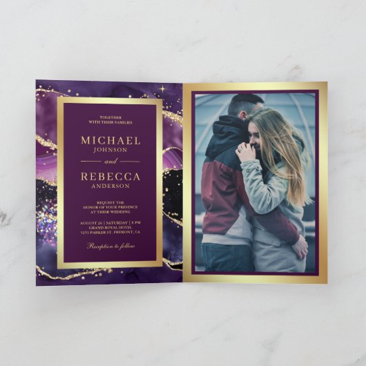 Plum Purple Gold Agate Marble QR Code Wedding 招待状 (内部)