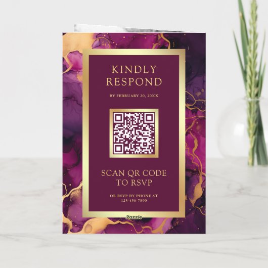 Plum Purple Gold Fluid Ink QR Code Wedding 招待状 (裏面)