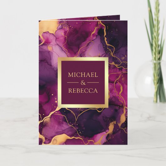 Plum Purple Gold Fluid Ink QR Code Wedding 招待状 (正面)