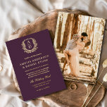Plum Purple Gold Leafy Crest Photo Wedding 箔招待状<br><div class="desc">Celebrate your special day with this plum purple gold leafy crest photo wedding foil invitation. Featuring a rich plum purple background, elegant gold foil leafy crest, and space for a personalized photo, this design blends modern luxury with timeless sophistication. Perfect for fall weddings, winter celebrations, or couples who love jewel...</div>