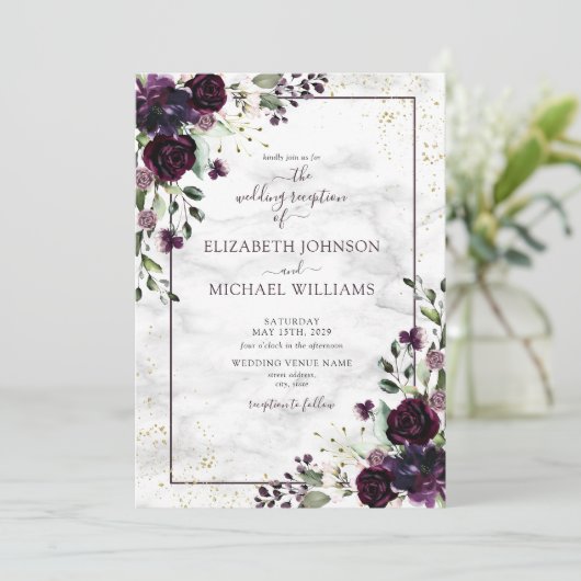 Plum Purple Gold Watercolor Marble Fall Reception 招待状 (スタンド正面)