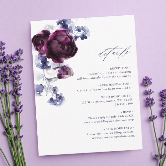 Plum Purple & Indigo Blue Floral Wedding Details エンクロージャーカード