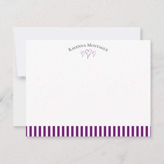 Plum Purple Modern Open Hearts Striped Note Card ノートカード (正面)
