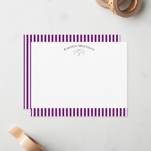 Plum Purple Modern Open Hearts Striped Note Card ノートカード (正面/裏面インサイチュ)
