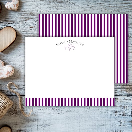 Plum Purple Modern Open Hearts Striped Note Card ノートカード