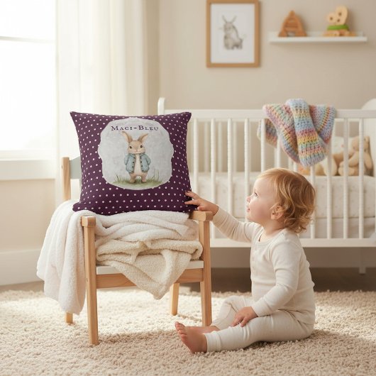 Plum Purple Polka Dot Bunny Name Accent Pillow クッション