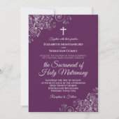 Plum Purple & Silver Chic Modern Catholic Wedding 招待状 (正面)