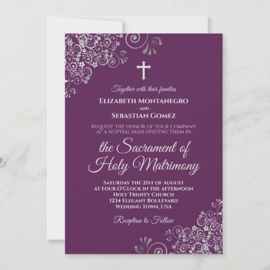Plum Purple & Silver Chic Modern Catholic Wedding 招待状 (正面)