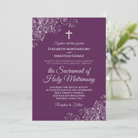 Plum Purple & Silver Chic Modern Catholic Wedding 招待状 (スタンド正面)