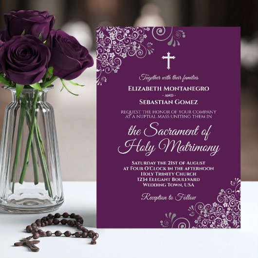 Plum Purple & Silver Chic Modern Catholic Wedding 招待状