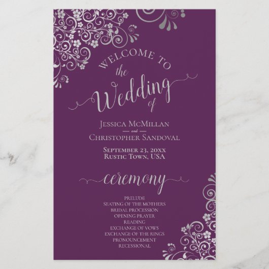 Plum Purple & Silver Curls Budget Wedding Program (正面)