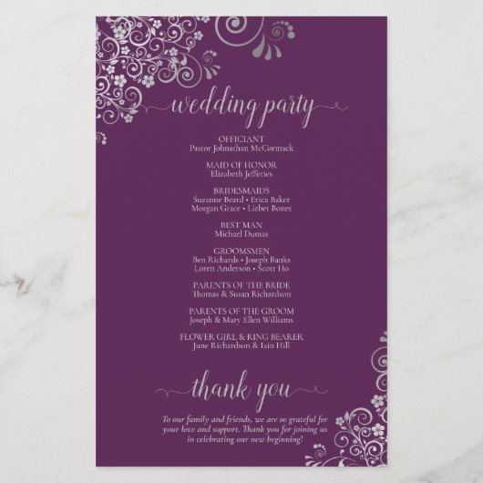 Plum Purple & Silver Curls Budget Wedding Program (裏面)