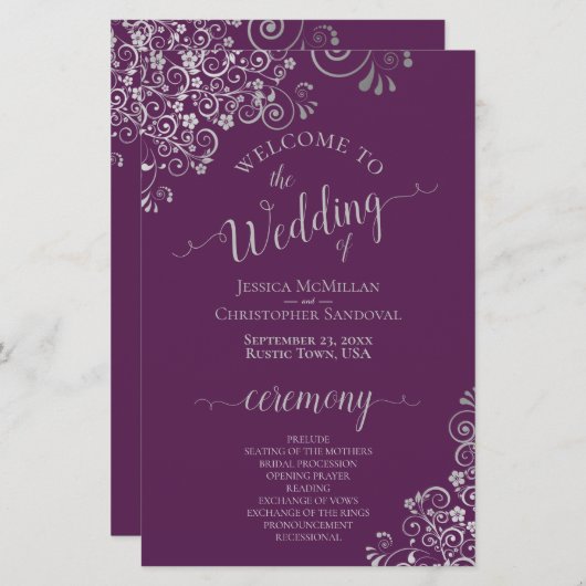 Plum Purple & Silver Curls Budget Wedding Program (正面/裏面)