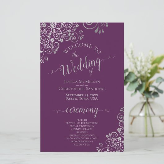 Plum Purple & Silver Curls Budget Wedding Program (スタンド正面)