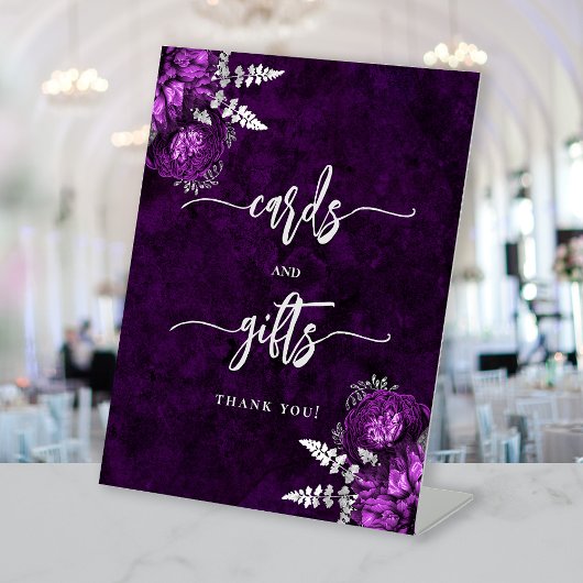 Plum Purple Silver Floral Wedding Cards Gifts 台座サイン