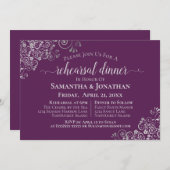 Plum Purple & Silver Wedding Rehearsal & Dinner 招待状 (正面/裏面)