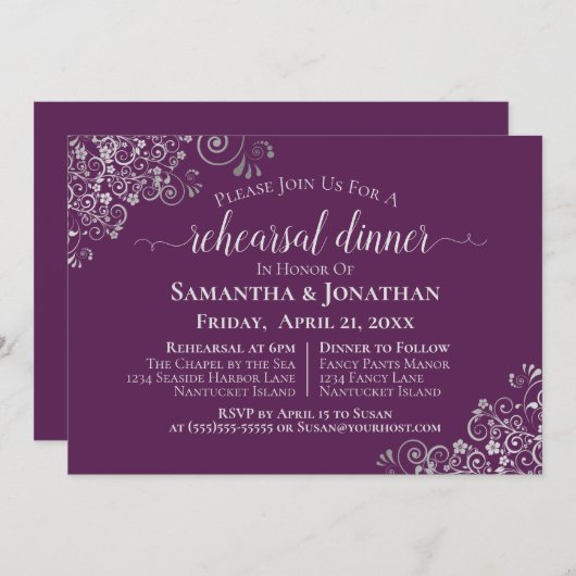 Plum Purple & Silver Wedding Rehearsal & Dinner 招待状 (正面/裏面)