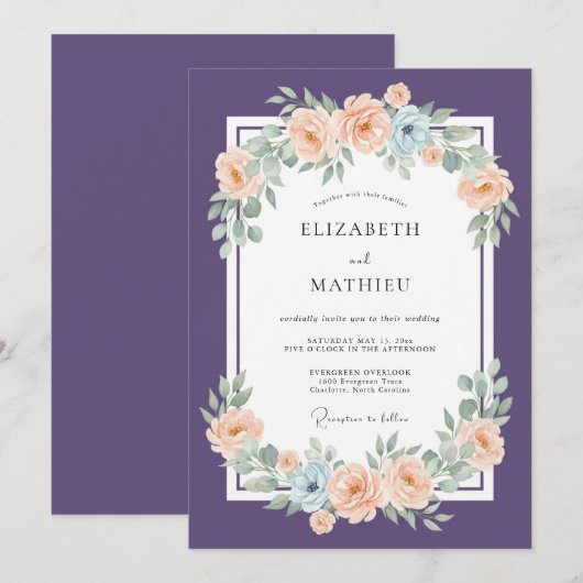 Plum Refined Botanical Wedding 招待状 (正面/裏面)