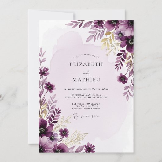 Plum Resplendent Watercolor Wedding 招待状 (正面)