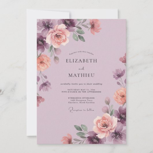 Plum Romantic Watercolor Wedding 招待状 (正面)