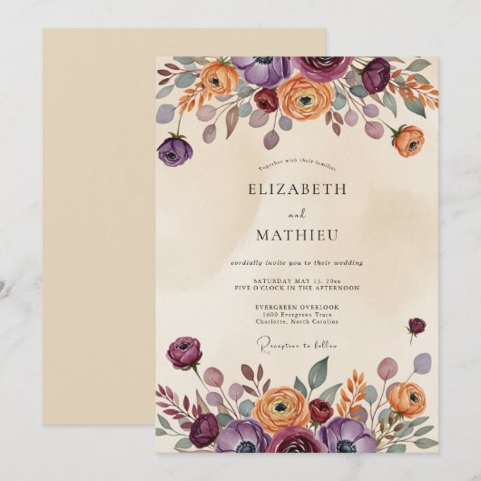 Plum Rustic Bohemian Wedding 招待状 (正面/裏面)