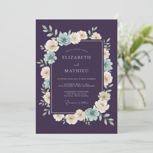 Plum Teal Botanical Romantic Wedding 招待状 (スタンド正面)