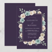 Plum Teal Botanical Romantic Wedding 招待状 (正面/裏面)