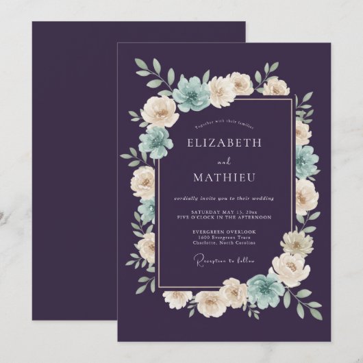 Plum Teal Botanical Romantic Wedding 招待状 (正面/裏面)