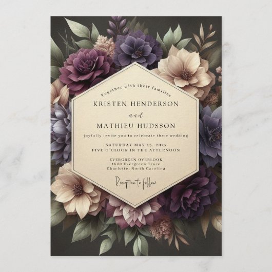Plum Victorian Bloom Wedding 招待状 (正面)