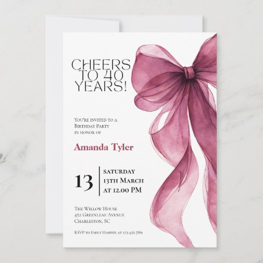 Plum Watercolor Bow Birthday  Invitation 招待状 (正面)