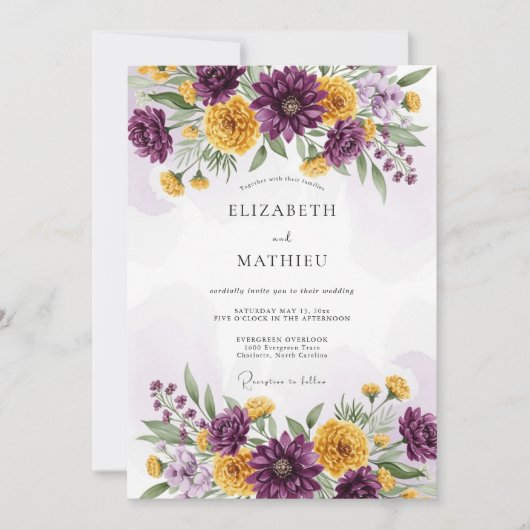 Plum Yellow Dazzling Floral Wedding 招待状 (正面)