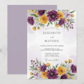Plum Yellow Dazzling Floral Wedding 招待状 (正面/裏面)
