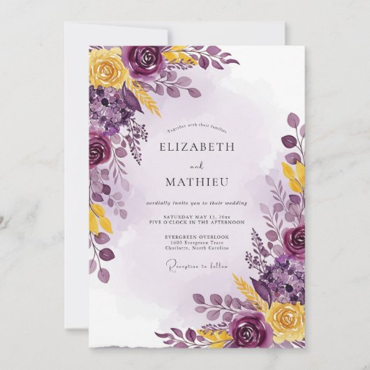 Plum Yellow Luscious Botanical Wedding 招待状 (正面)