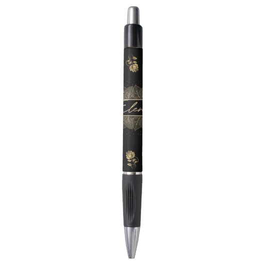 Pluma con flores doradas  personalizada con nombre ボールペン (正面縦)