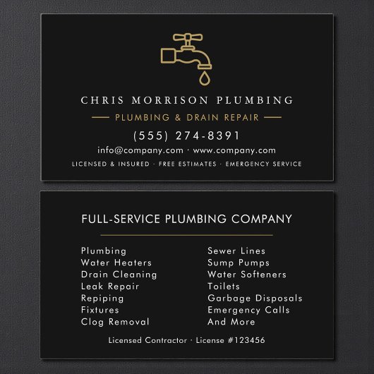 Plumber Dark Elegant Black & Gold Minimalist 名刺
