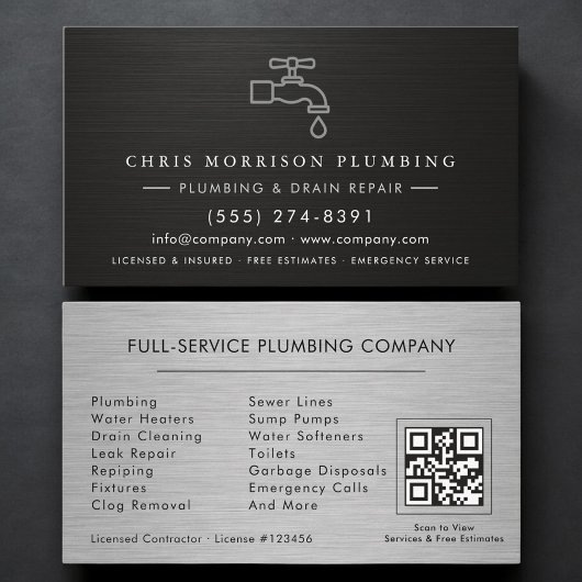 Plumbing Company QR Code Silver Black Metallic  名刺