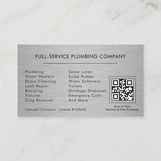 Plumbing Company Silver Metallic QR Code 名刺 (裏面)