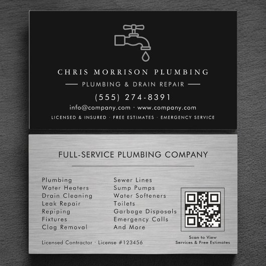 Plumbing Company Silver Metallic QR Code 名刺