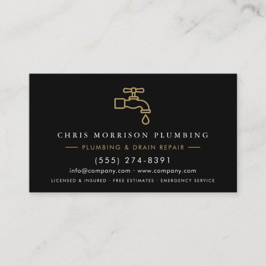 Plumbing  Service Black & Gold QR Code 名刺 (正面)