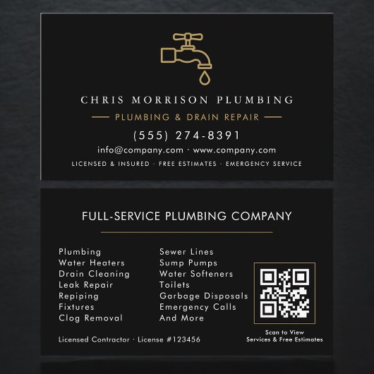 Plumbing  Service Black & Gold QR Code 名刺