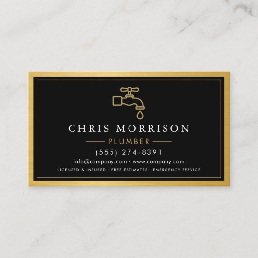 Plumbing Service Company Plumber Gold Metallic 名刺 (正面)