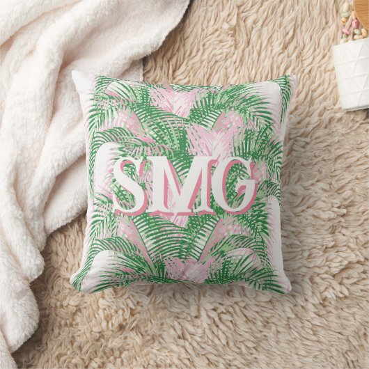 Plume Palm Fronds in Pink + Green Personalized クッション (ブランケット)