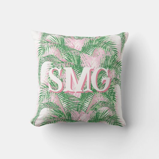 Plume Palm Fronds in Pink + Green Personalized クッション (正面)
