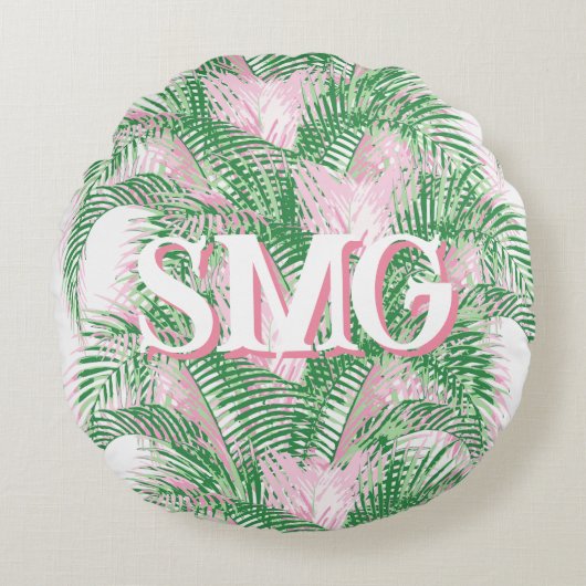 Plume Palm Fronds in Pink + Green Personalized ラウンドクッション (正面)