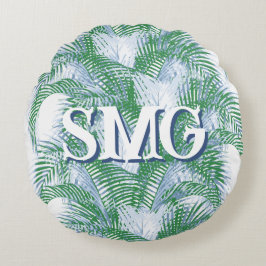 Plume Palm Fronds in Slate + Green Personalized ラウンドクッション