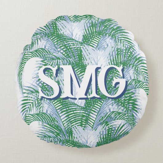 Plume Palm Fronds in Slate + Green Personalized ラウンドクッション (正面)