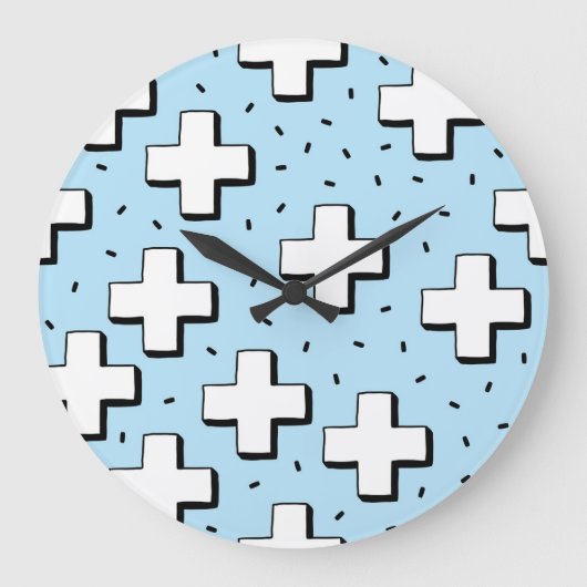 Plusシンボルや象徴付き手書きパターン ラージ壁時計 (正面)