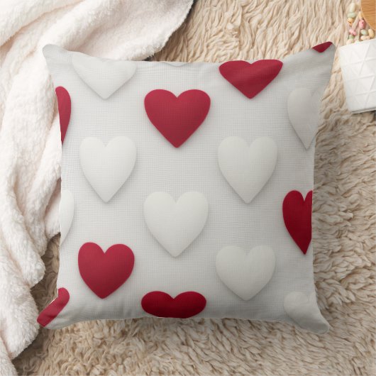 Plush Red & White Hearts Cotton Throw Pillow クッション (ブランケット)